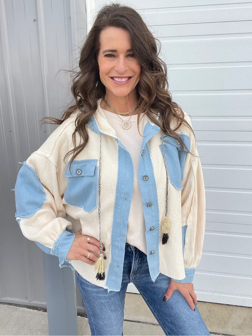 POL Cream & Light Blue Women's Button-Up Shacket Jacket